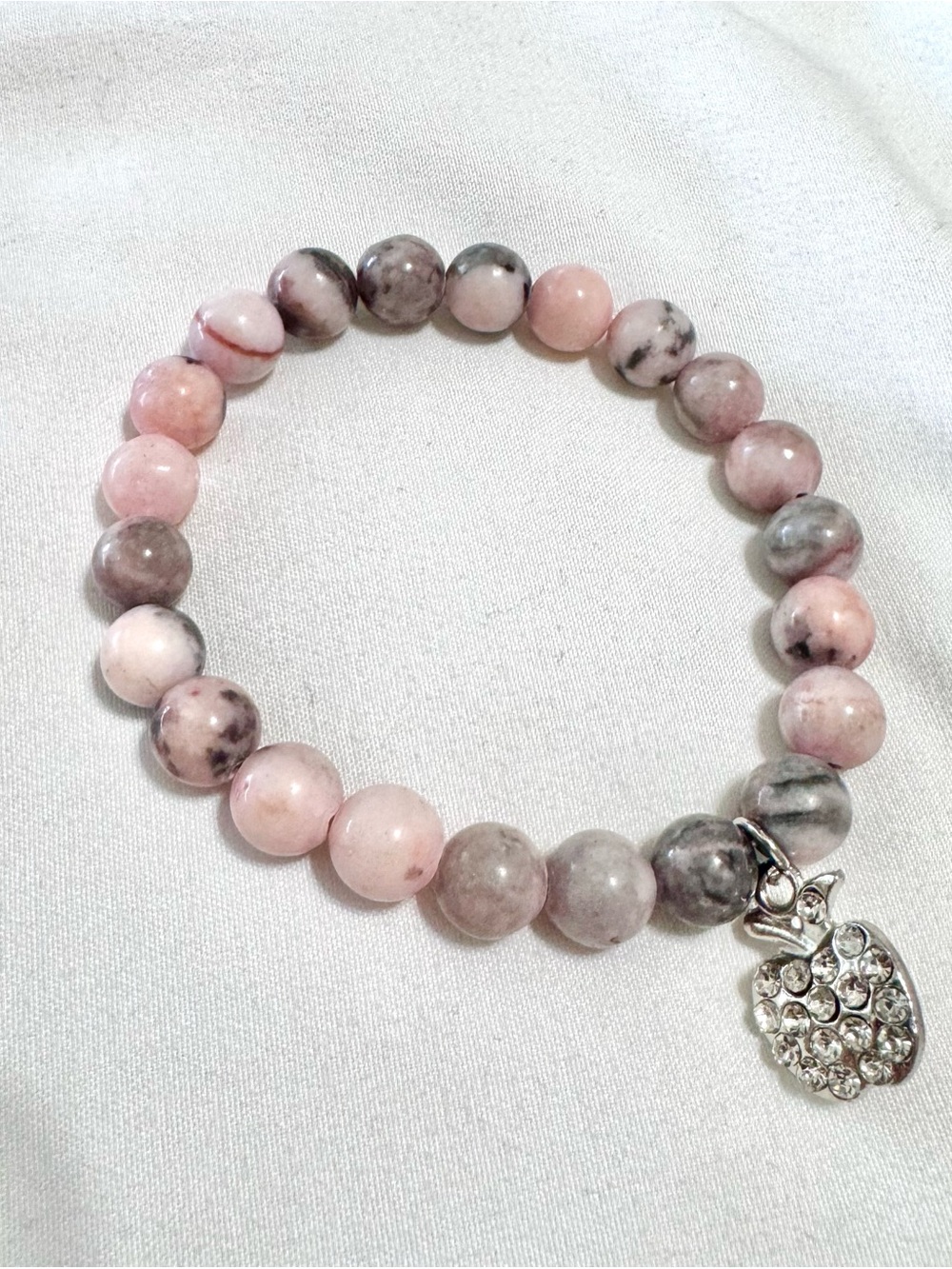 Pink Rhodonite Beaded Bracelet with Sparkling Apple Charm